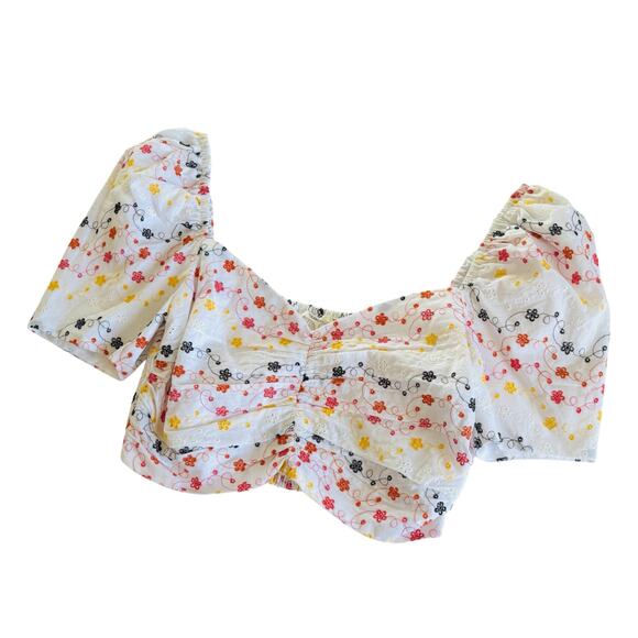Tularosa Sable White Multicolor Embroidered Floral Ruched Eyelet Crop Top Large - Picture 1 of 7